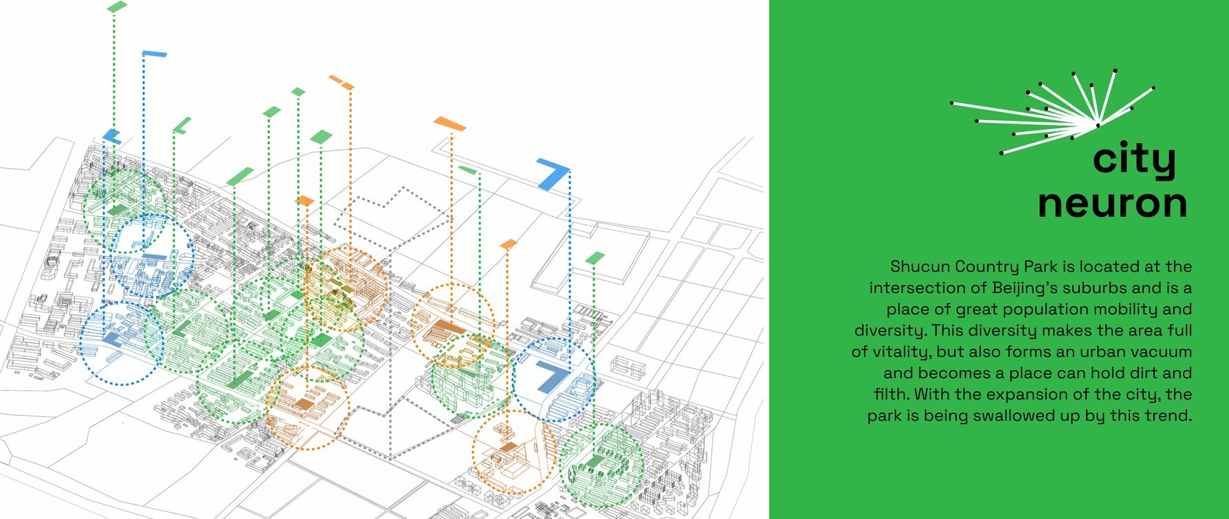 Axonometric map of the site with 15 debris parks marked in green, blue and orange