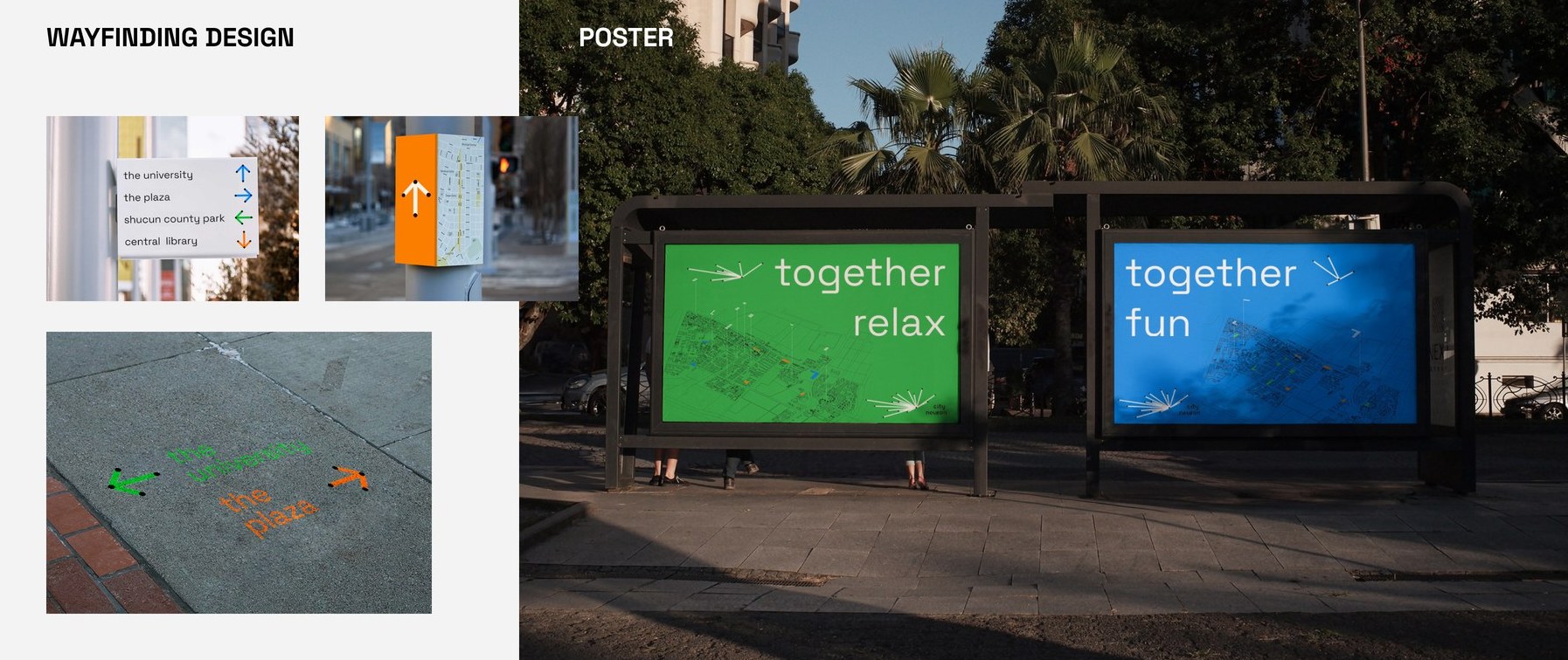 Wayfinding signage, street maps, pavement graphics and bus stop posters