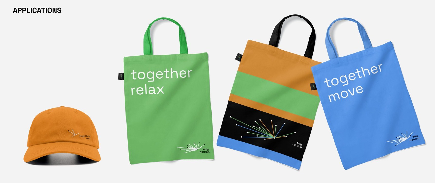 Tote bags and cap carrying the together relax / move / fun system