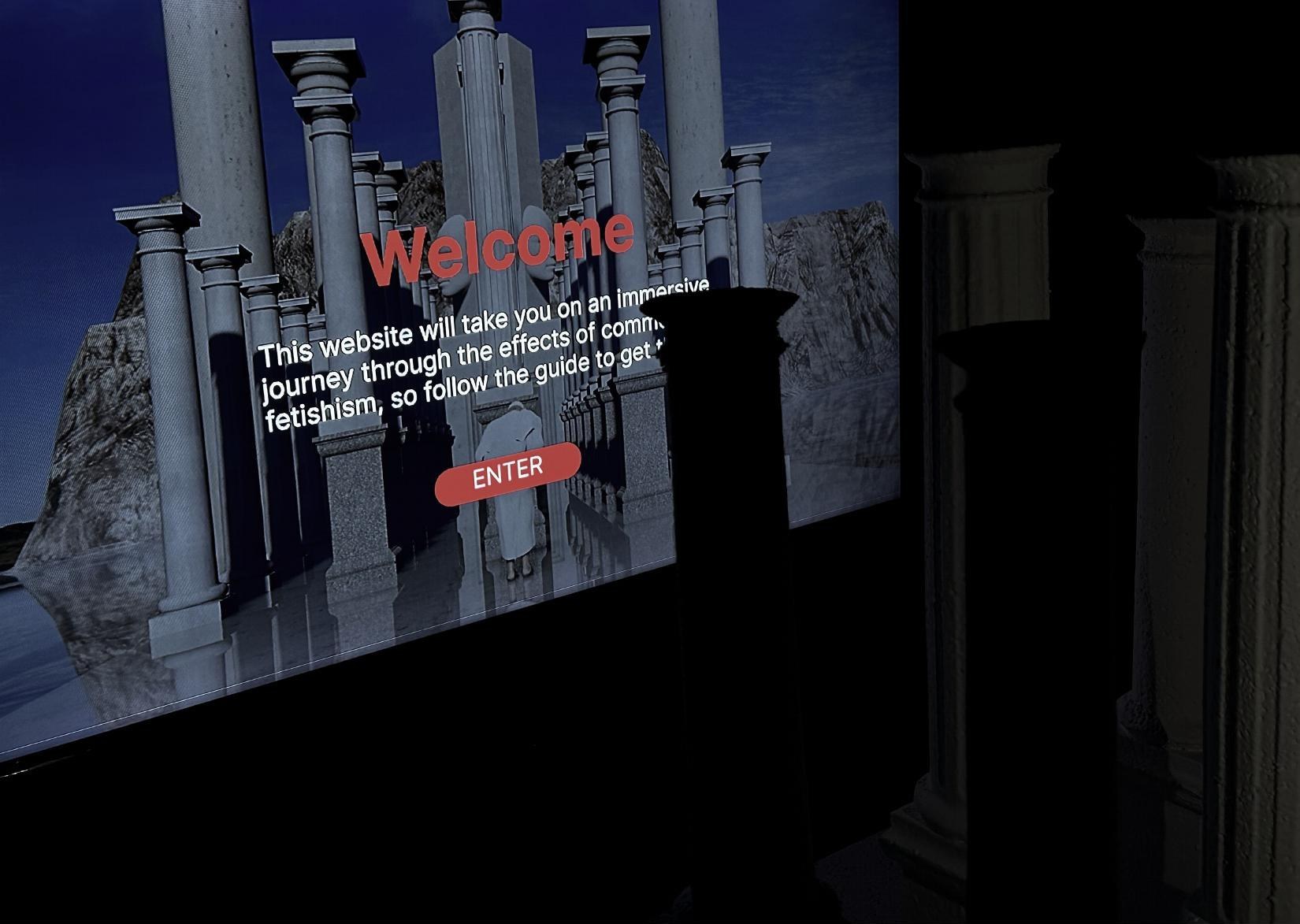 The installation: white pillars in front of a projected temple, one pillar glowing red