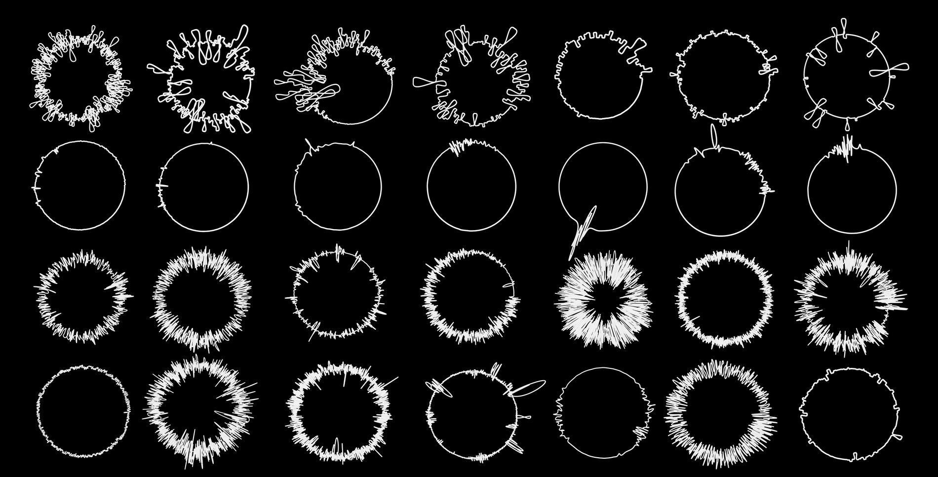 Grid of sound wave models: circular forms of varying roughness generated from recorded sounds
